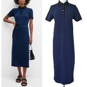 TORY BURCH Striped Knit Polo Midi Dress In Navy Black Size Large Short Sleeve